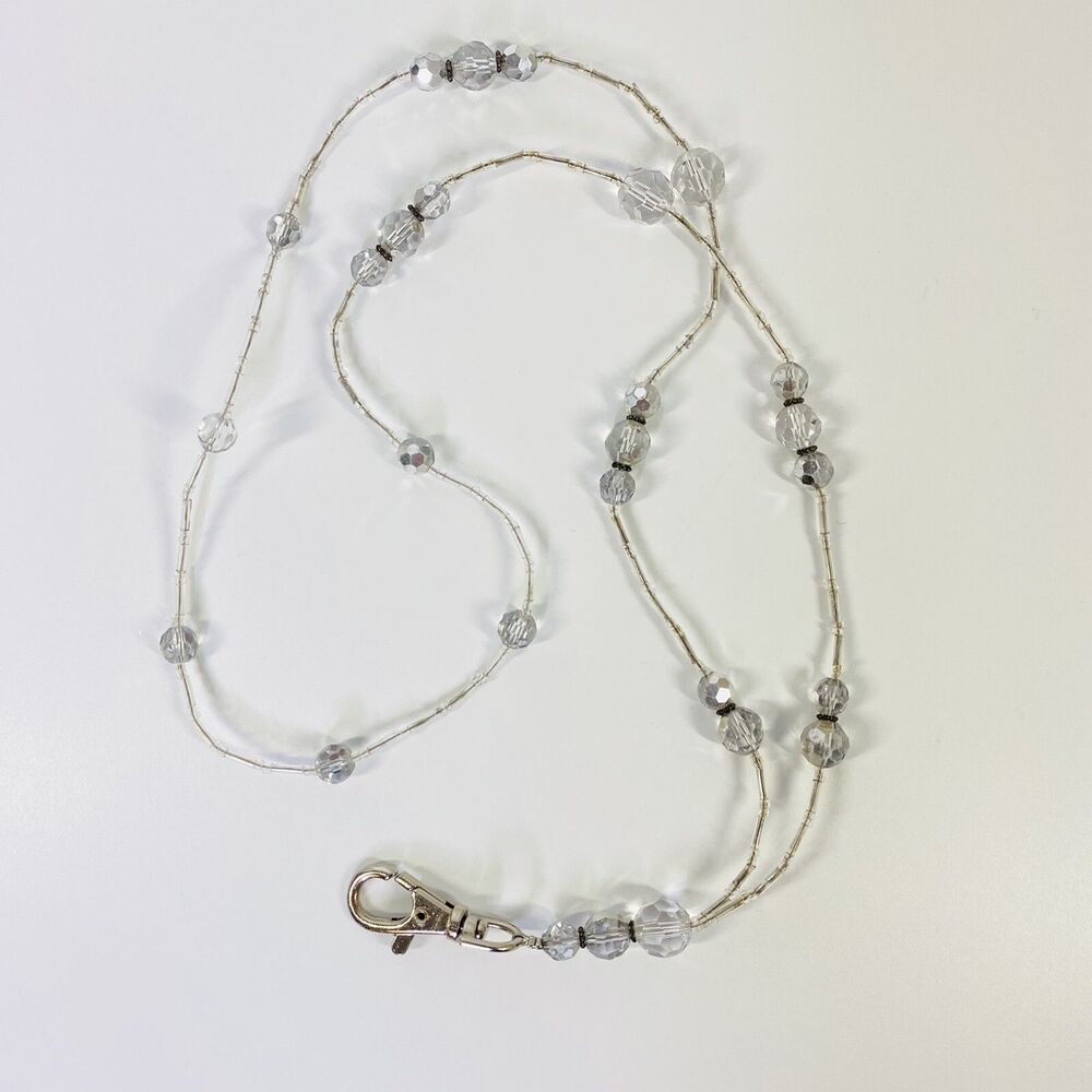 Mixed Beads Badge Name Tag Holder Necklace Clear Sparkle Bling Silver Tone‎